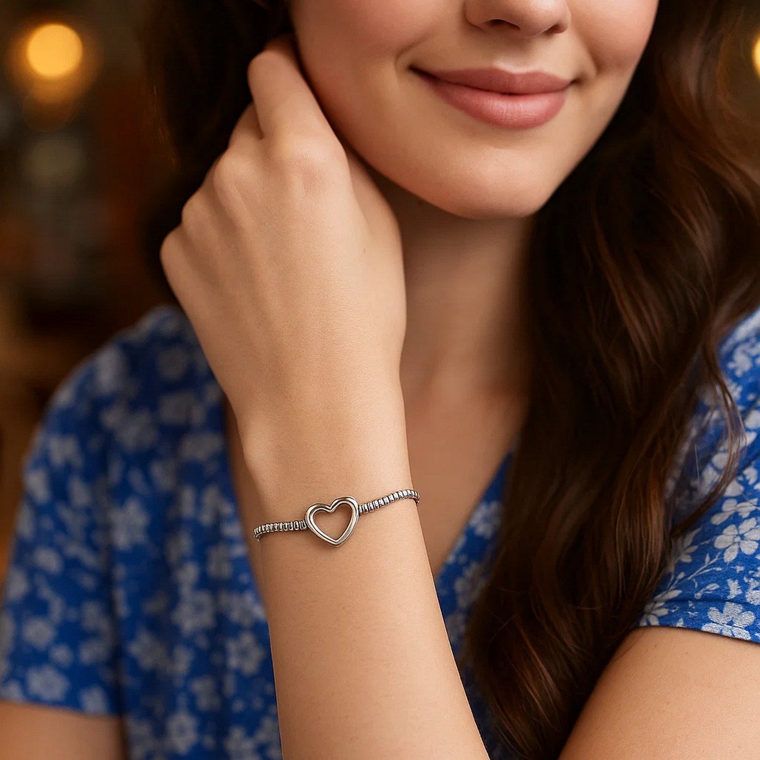 Sterling Silver Rhodium Plated Heart Bead Friendship Bracelet