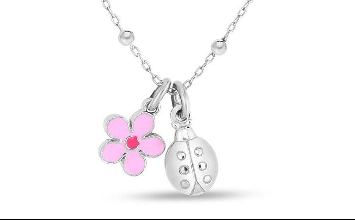 Sterling Silver Rhodium Plated Enamel Flower and Ladybug Necklace