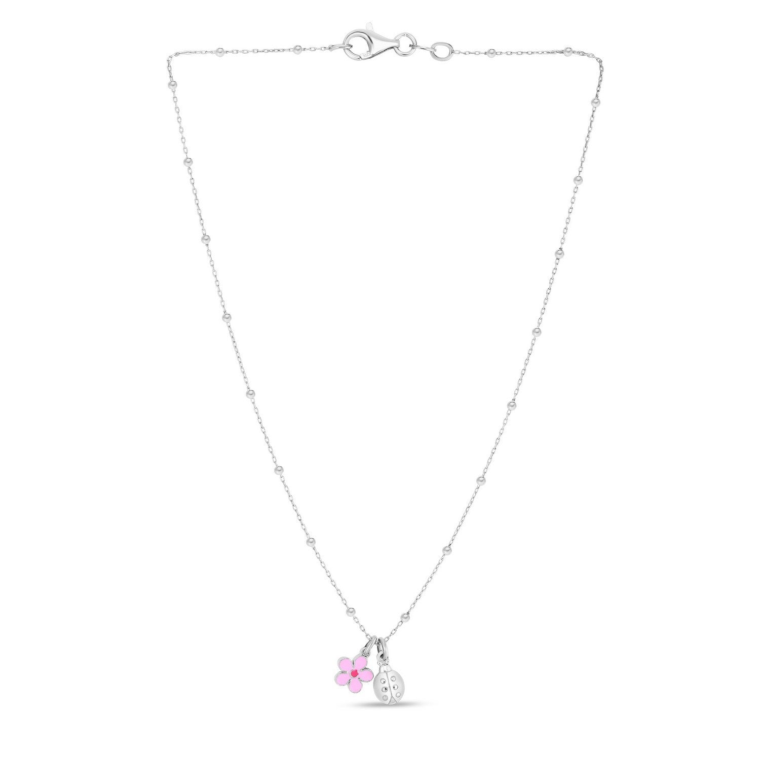Sterling Silver Rhodium Plated Enamel Flower and Ladybug Necklace