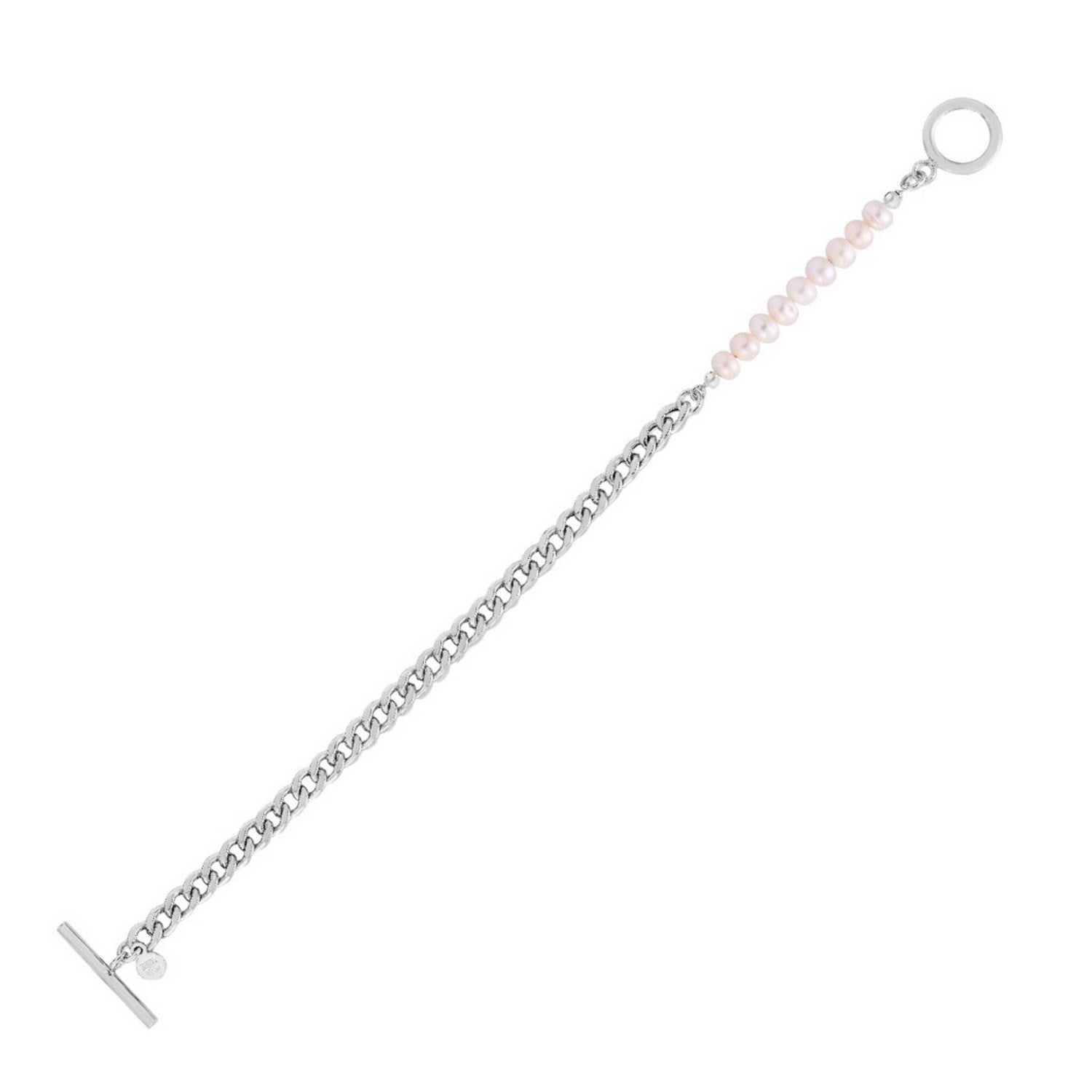 Sterling Silver Rhodium Plated Pearl Pearl Curb Toggle Bracelet (4.50 mm)