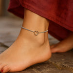 14k Yellow Gold and Sterling Silver Anklet with a Single Open Heart Station