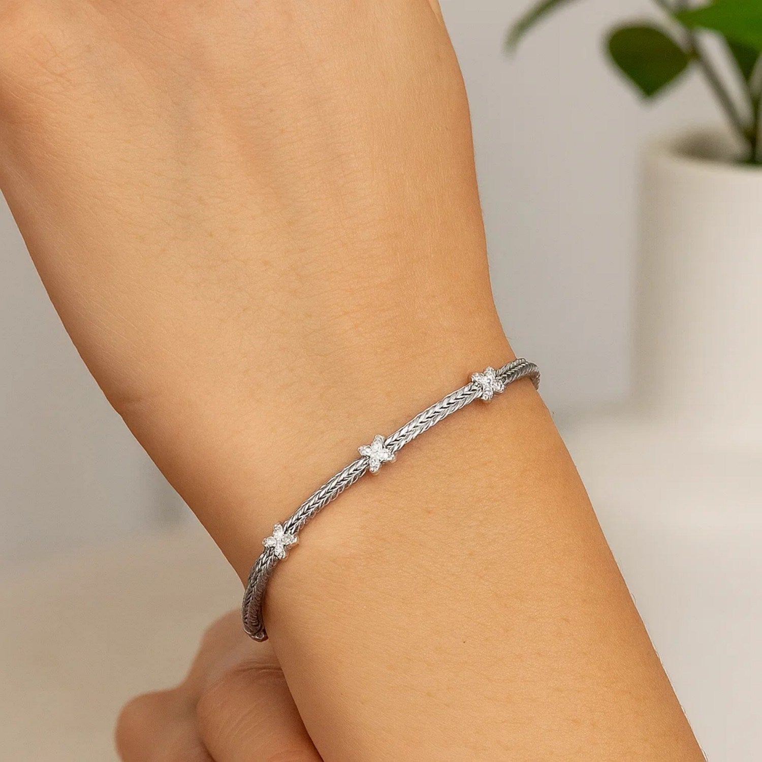 Woven Rope Bracelet with White Sapphire X Accents in Sterling Silver (2.00 mm)