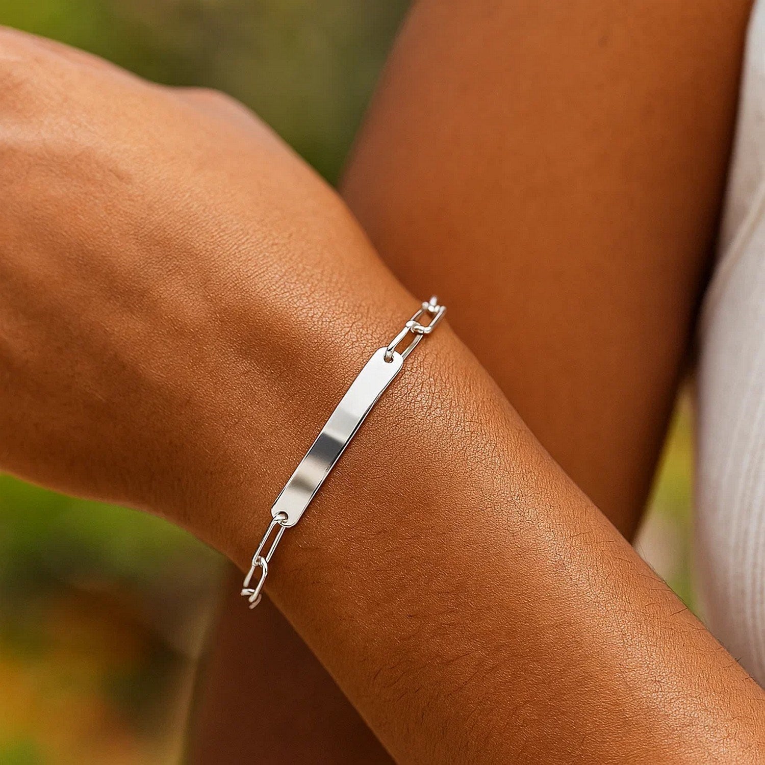 Sterling Silver Rhodium Plated Engravable ID Bar Paperclip Bracelet (2.10 mm)