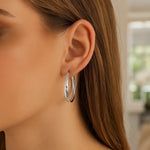 Sterling Silver Hammered Style Hoop Earrings with Rhodium Plating (4x30mm)