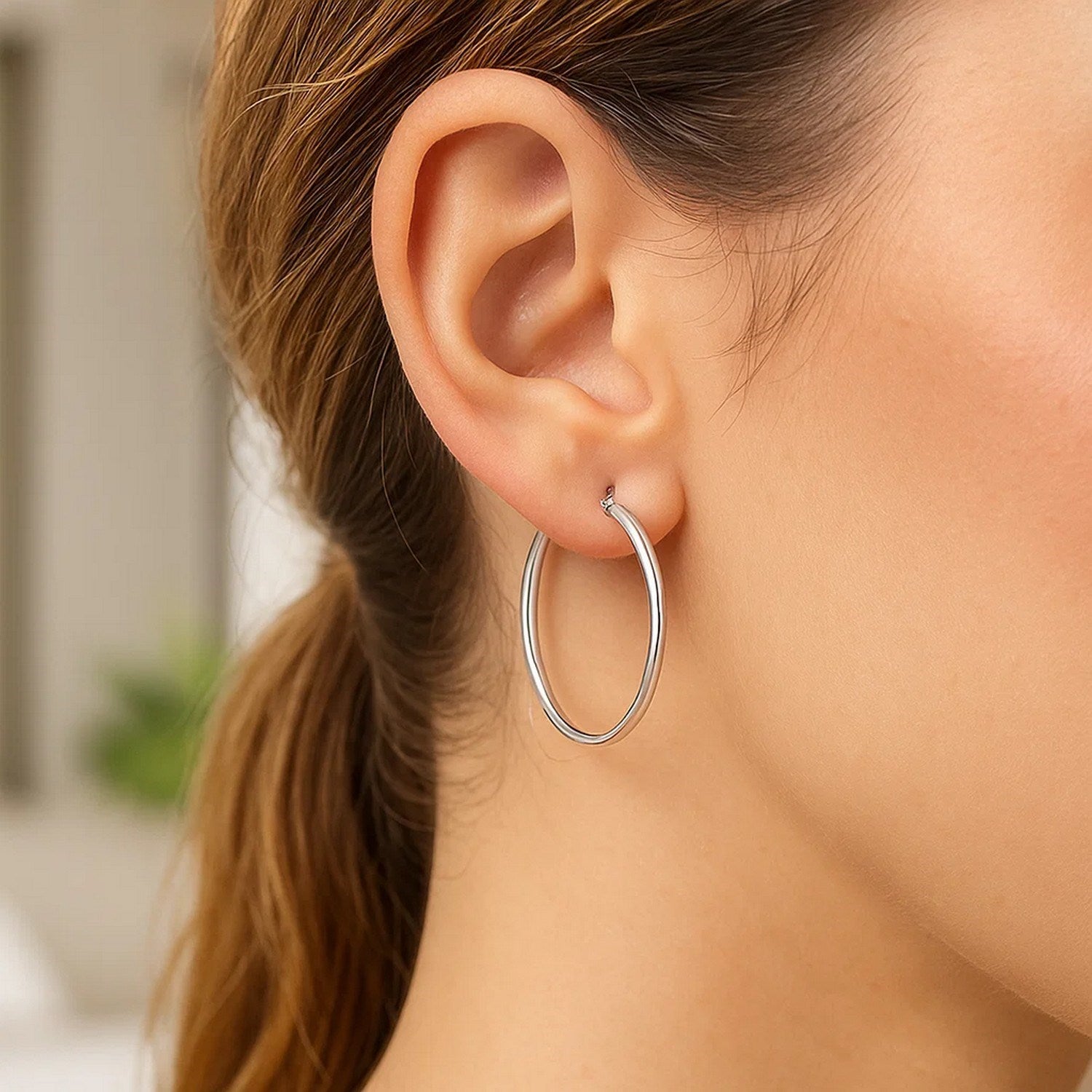 Sterling Silver Thin Polished Hoop Style Earrings with Rhodium Plating (2x30mm)