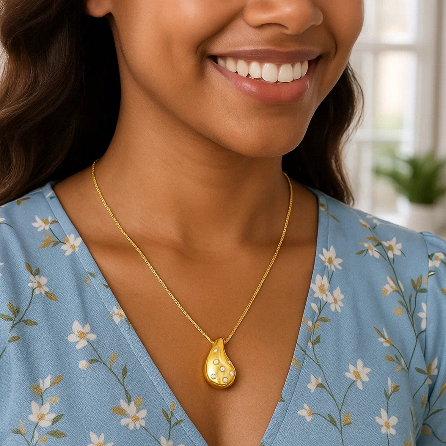 Sterling Silver Gold Plated Puffed Raindrop CZ Necklace