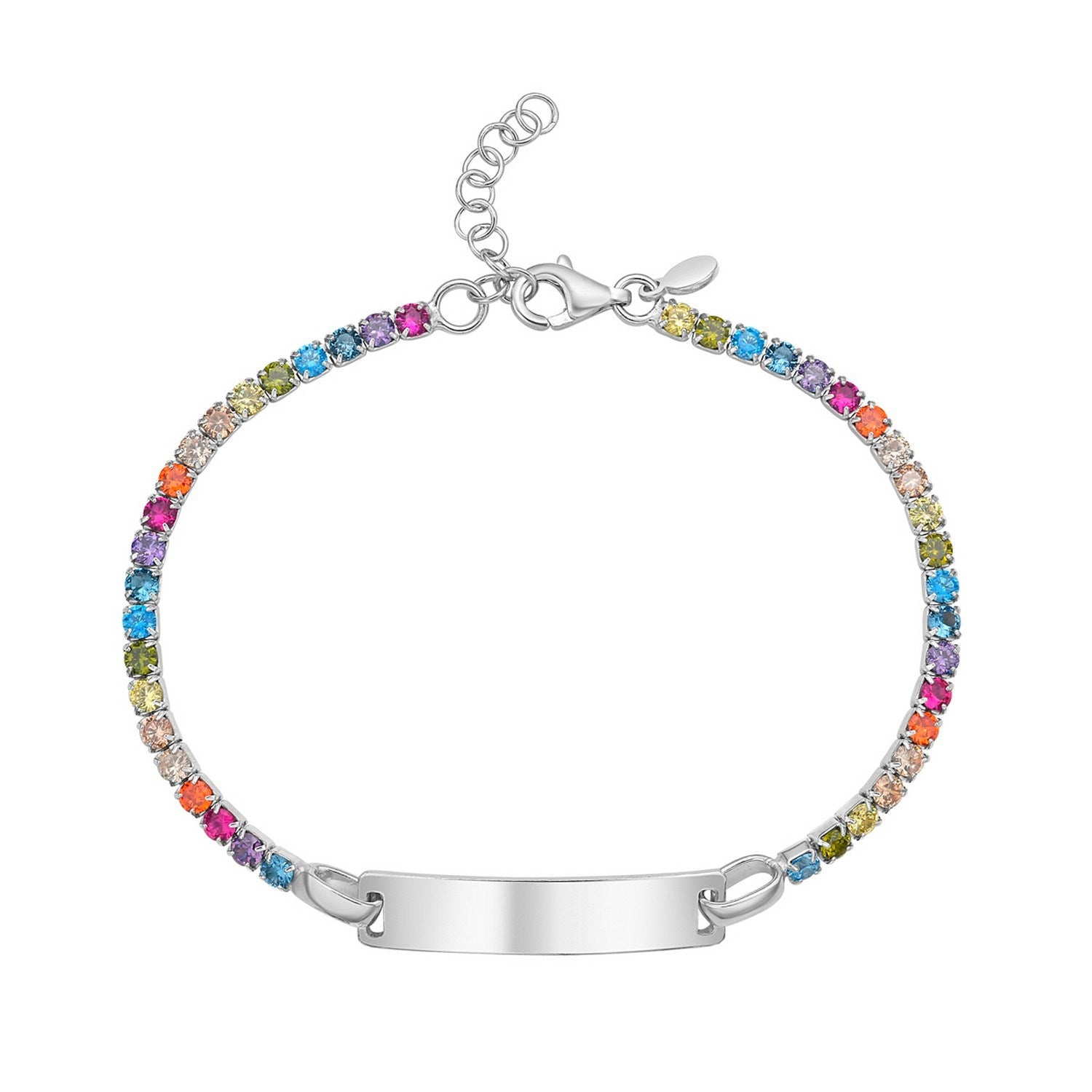 Sterling Silver Rhodium Plated Rainbow CZ ID Bracelet (2.70 mm)