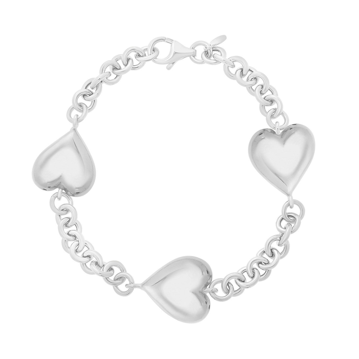 Sterling Silver Rhodium Plated Puffed Triple Heart Bracelet