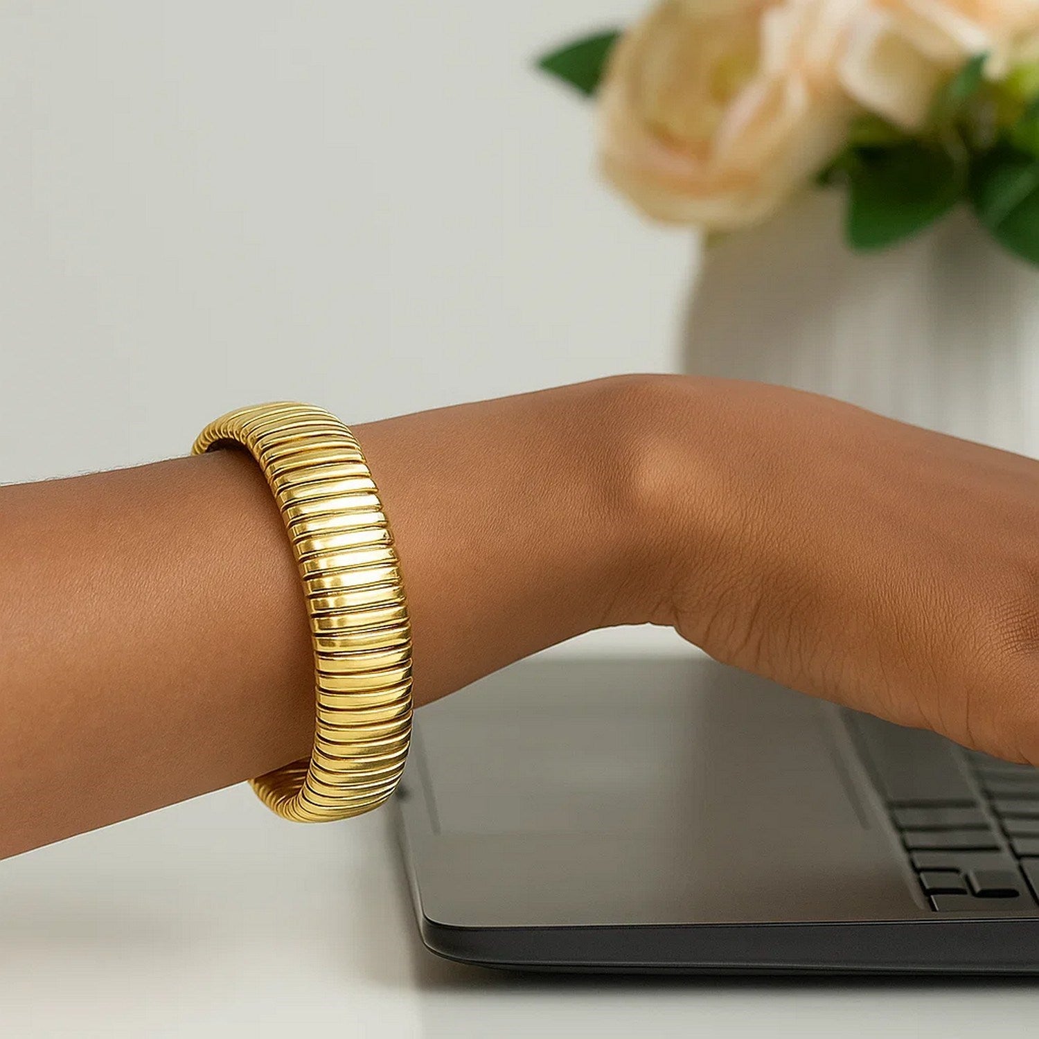 Sterling Silver Yellow Gold Plated Thick Tubogas Bracelet (16.00 mm)
