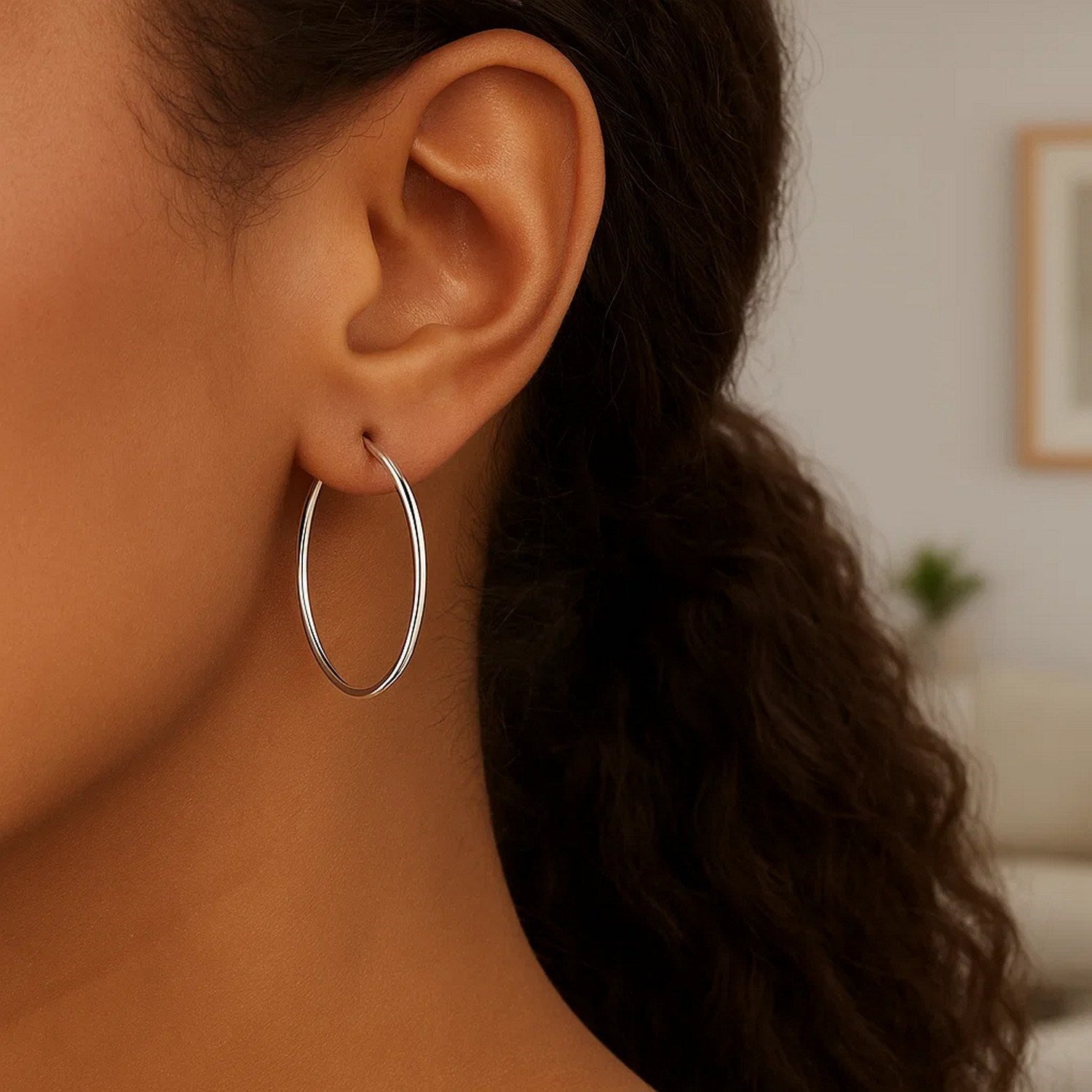 Sterling Silver Rhodium Plated Thin Large Polished Hoop Earrings (2x40mm)