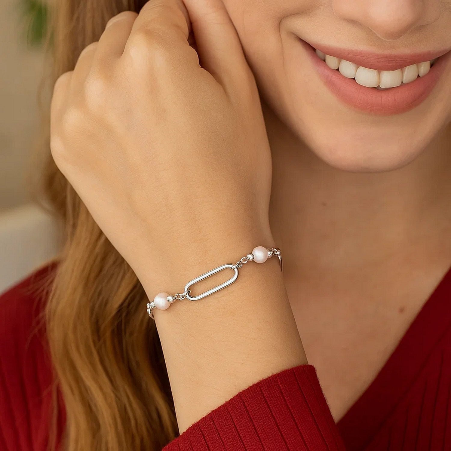 Sterling Silver Rhodium Plated Pearl Paperclip Bracelet