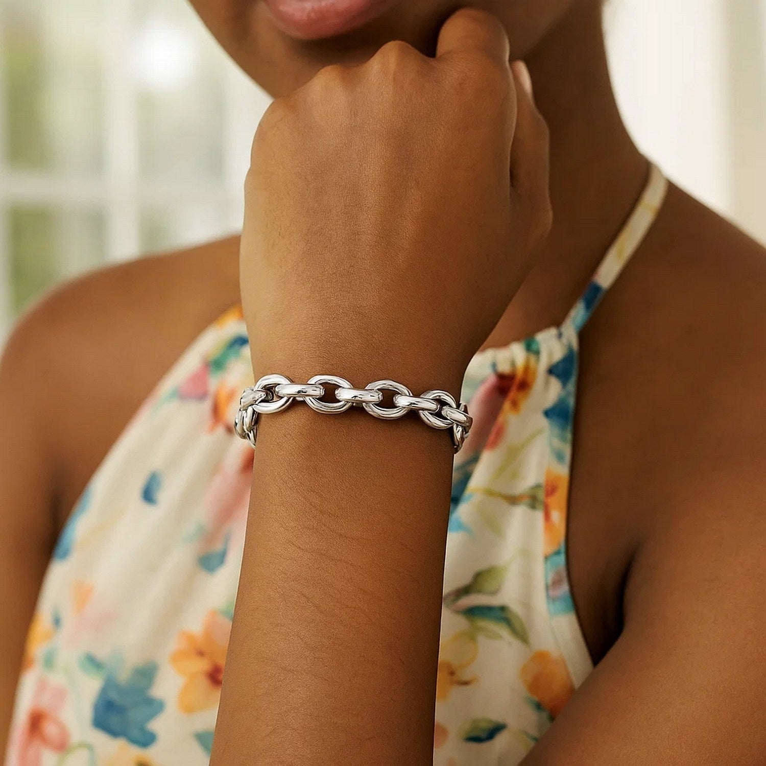 Sterling Silver Rhodium Plated Oval Link Bracelet