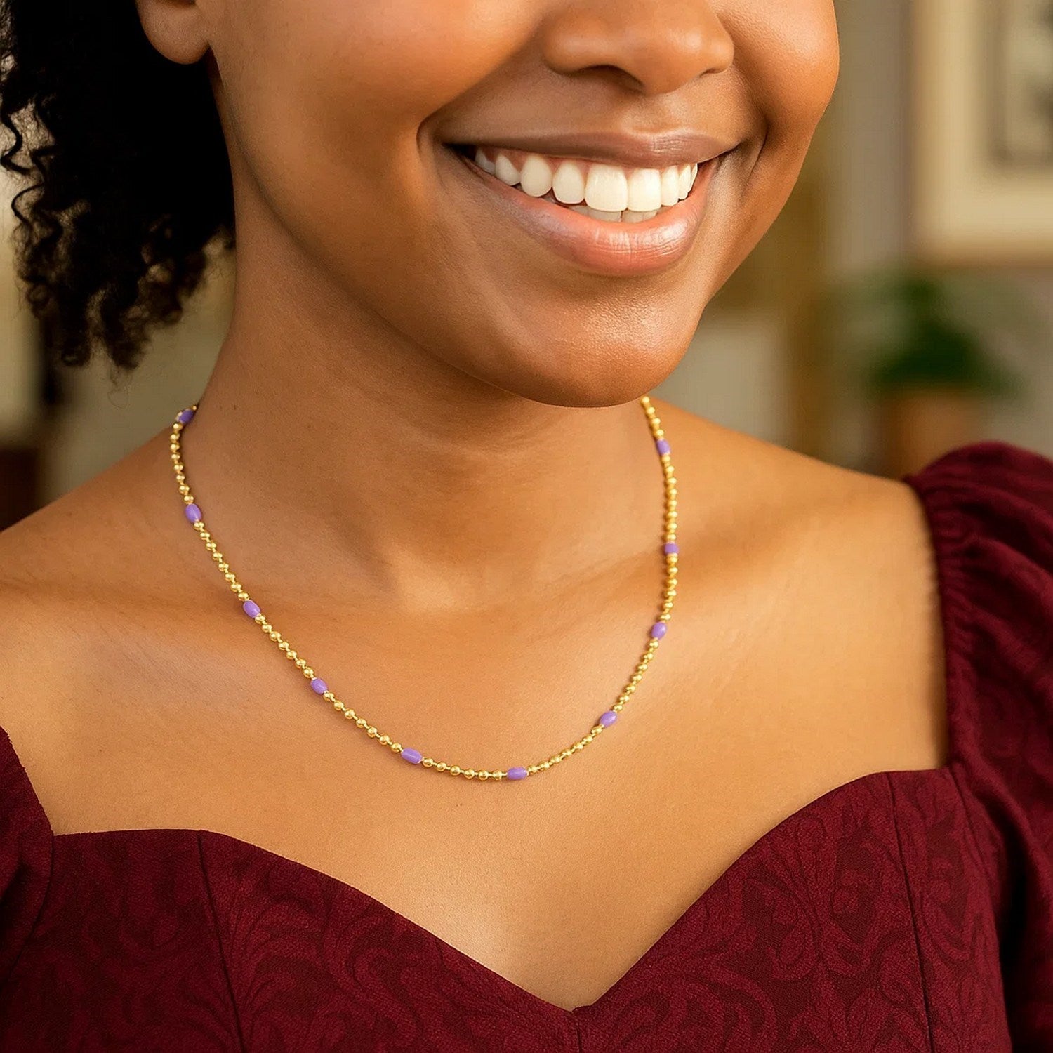Sterling Silver Gold Plated Purple Enamel Beaded Necklace