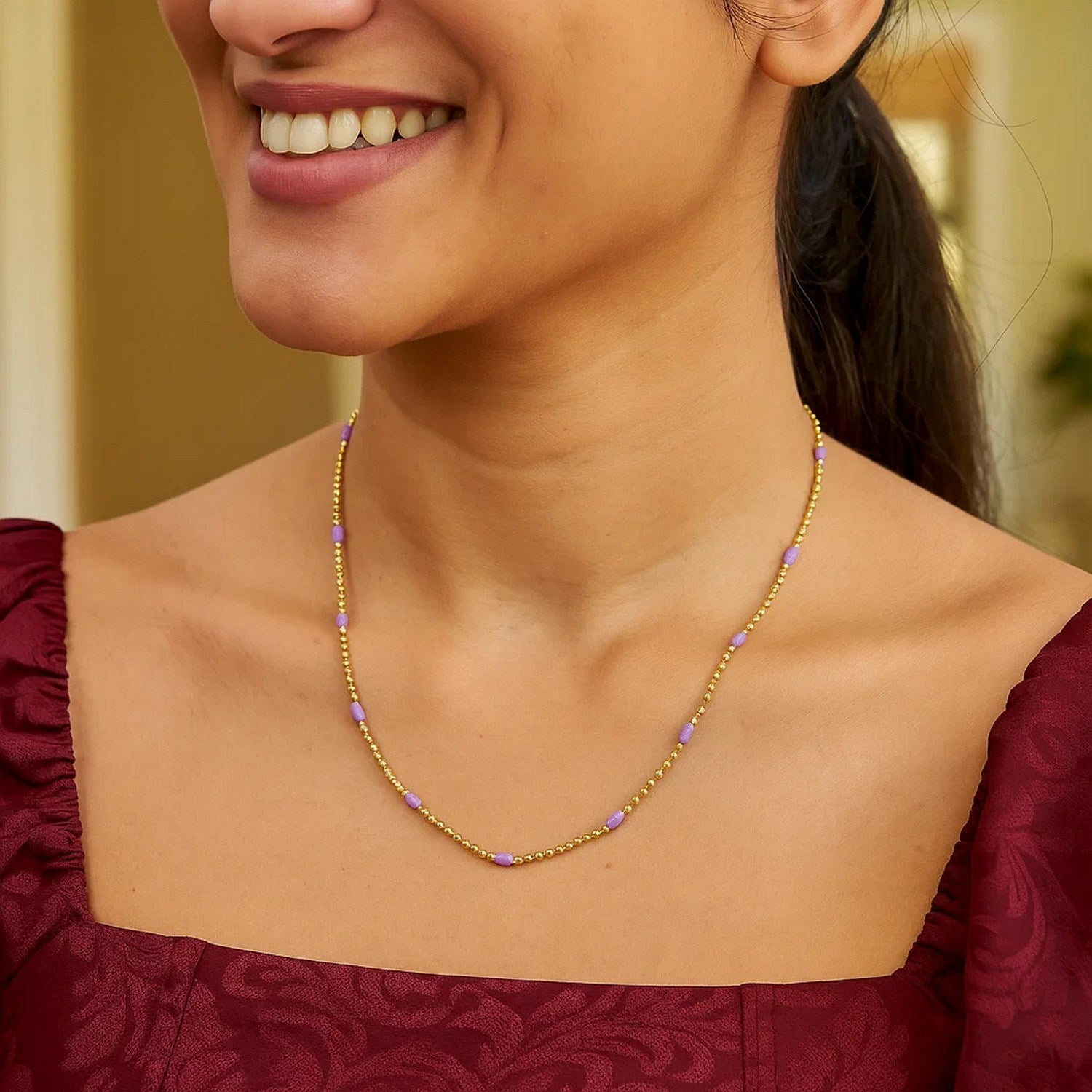 Sterling Silver Gold Plated Purple Enamel Beaded Necklace