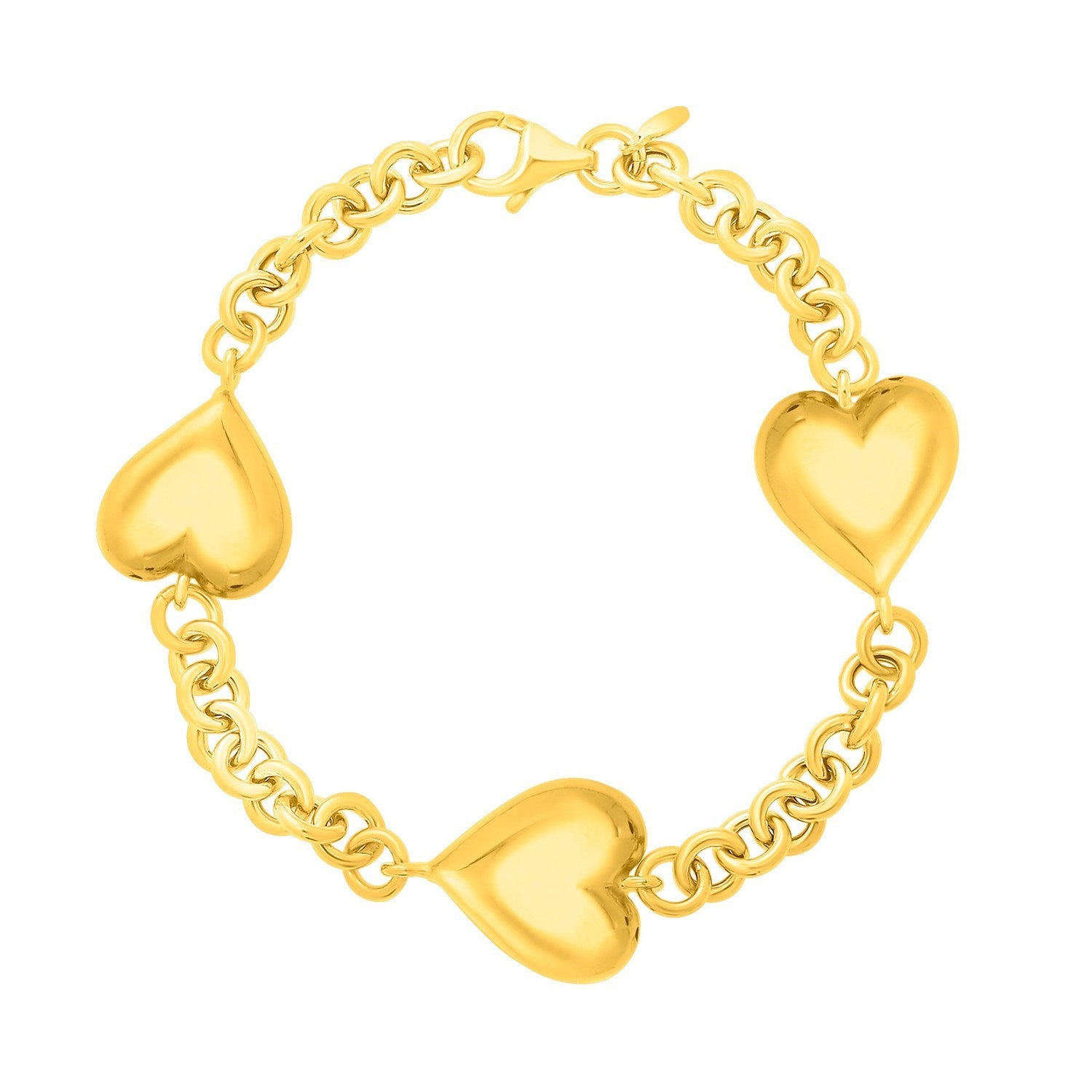 Sterling Silver Yellow Gold Plated Extra Puffed Triple Heart Bracelet