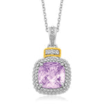 18k Yellow Gold & Sterling Silver Cushion Amethyst and Diamond Pendant