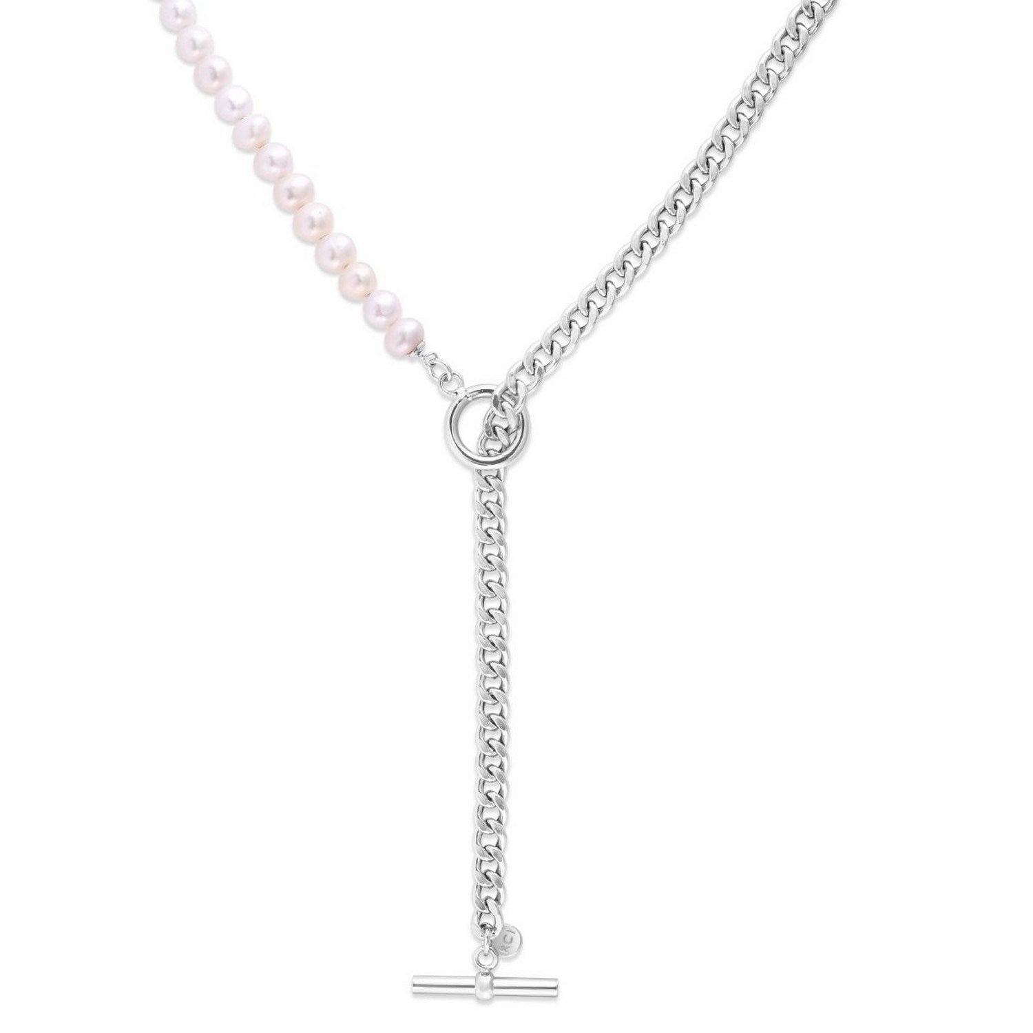Sterling Silver Rhodium Plated Freshwater Pearl Paperclip toggle Necklace