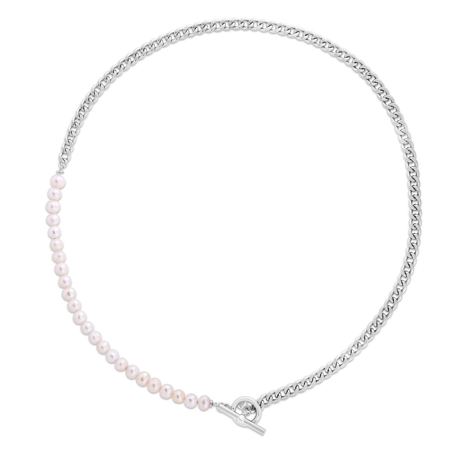 Sterling Silver Rhodium Plated Freshwater Pearl Paperclip toggle Necklace