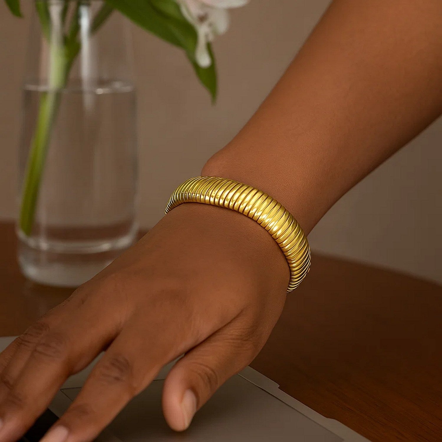 Sterling Silver Yellow Gold Plated Standard Thick Tubogas Bracelet (12.00 mm)