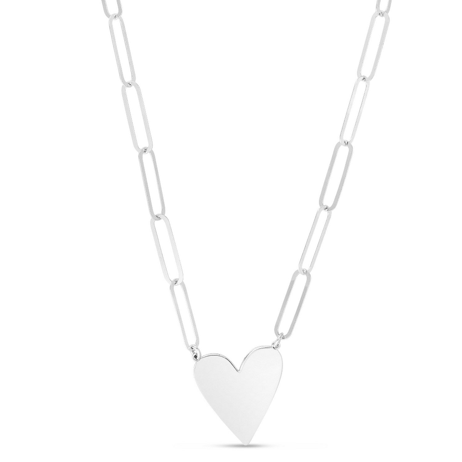 Sterling Silver Rhodium Plated Heart Paperclip Link Necklace