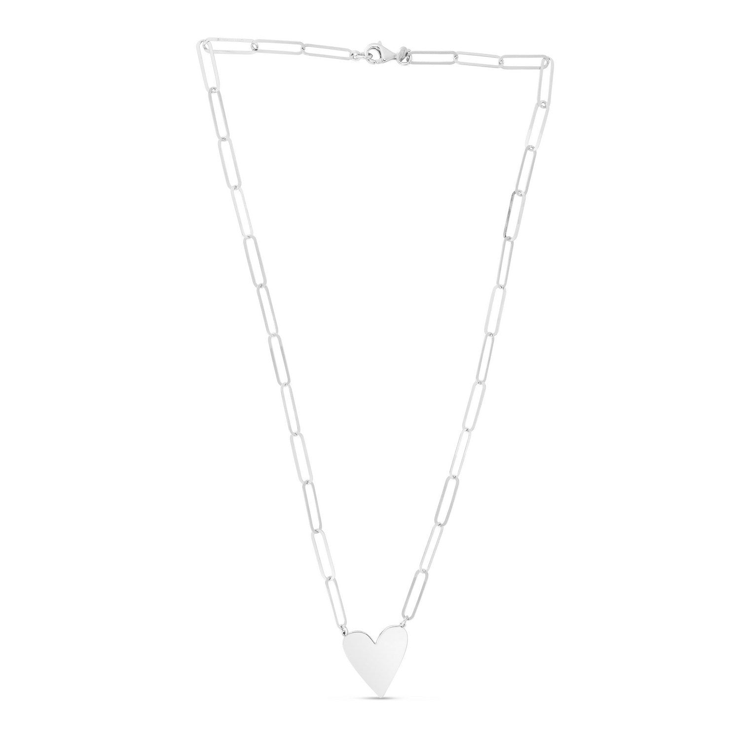 Sterling Silver Rhodium Plated Heart Paperclip Link Necklace