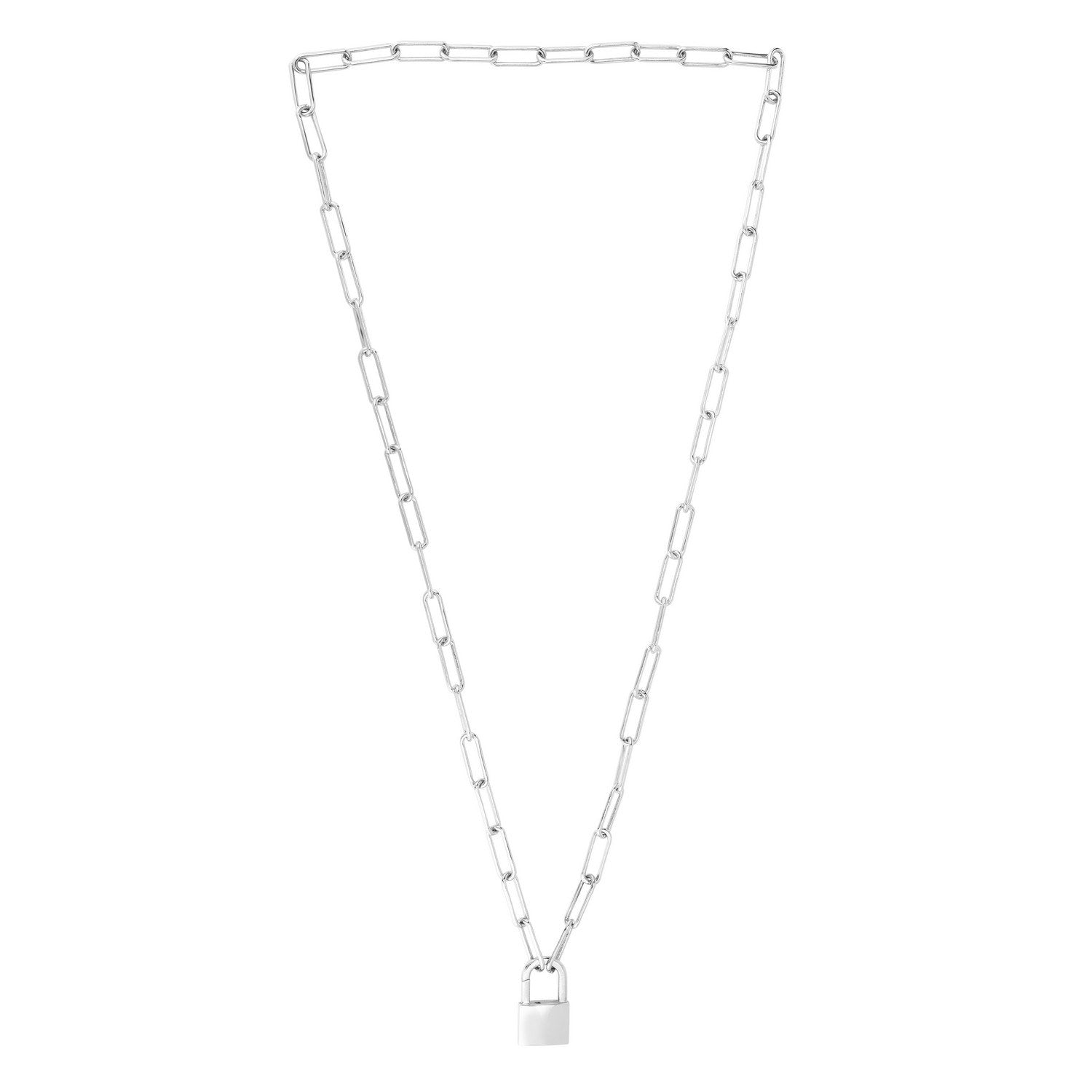 Sterling Silver Rhodium Plated Lock Paperclip Link Necklace
