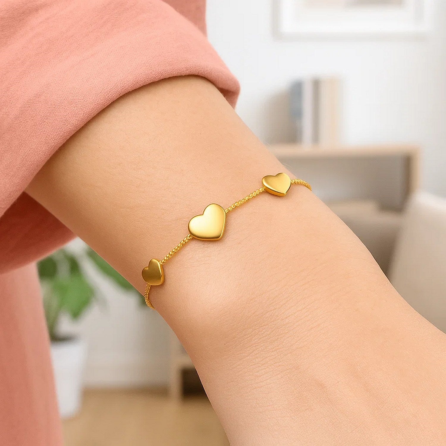 Sterling Silver Yellow Gold Plated Hearts Station Bracelet