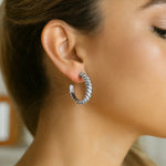 Sterling Silver Rhodium Plated Large Ribbed Twisted Hoop Earrings