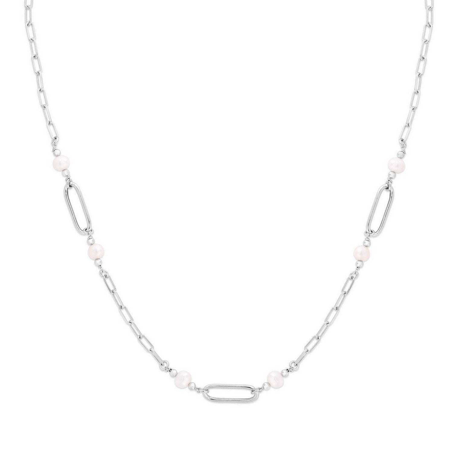 Sterling Silver Rhodium Plated Freshwater Pearl Paperclip Necklace