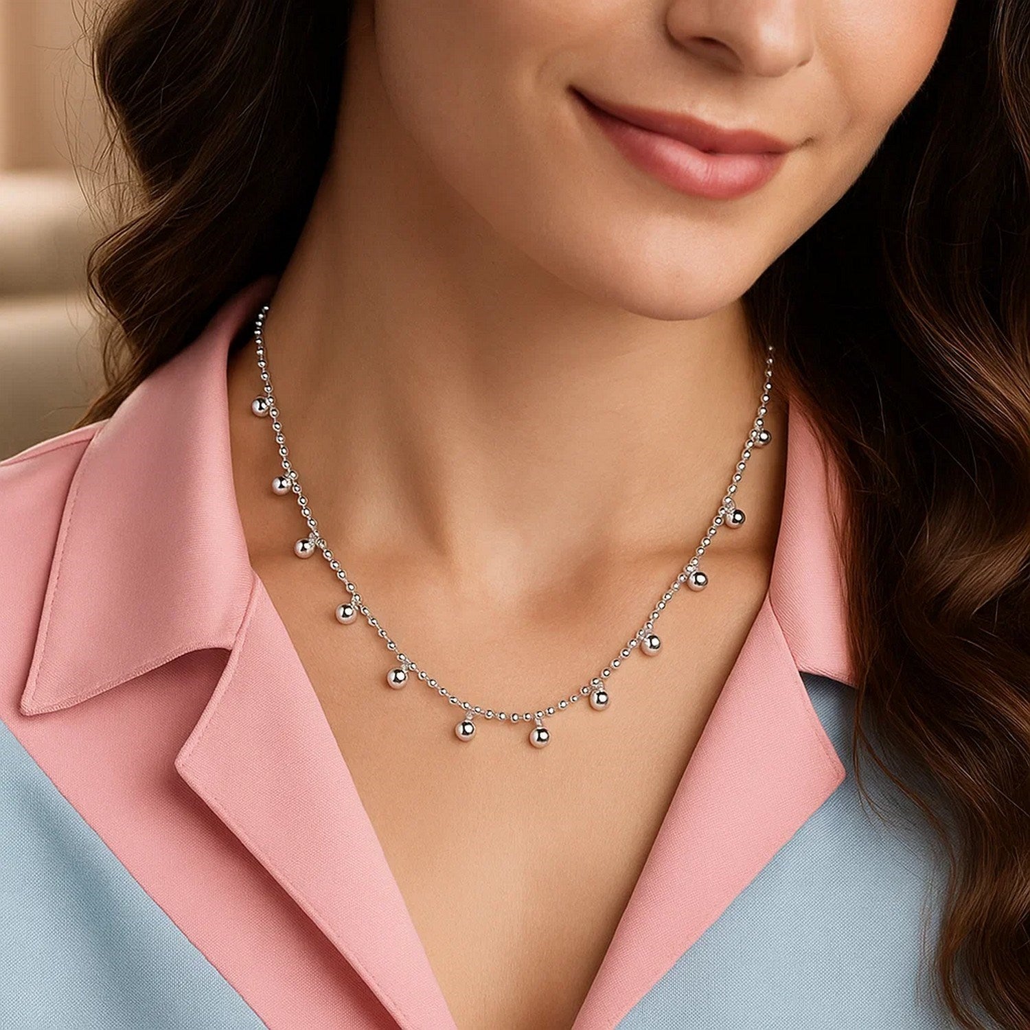 Sterling Silver Rhodium Plated Bead Necklace