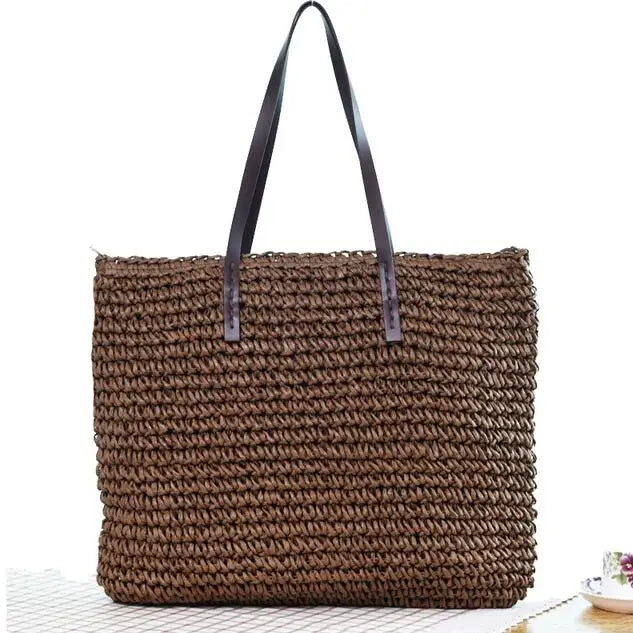 Women Handbag Summer Beach Bag Rattan Woven Handmade Knitted Straw Large Capacity.