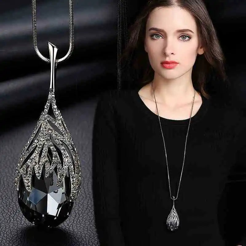Long Necklaces for Women Fashion Gray Crystal Choker Collier Statement Pendants Accessories