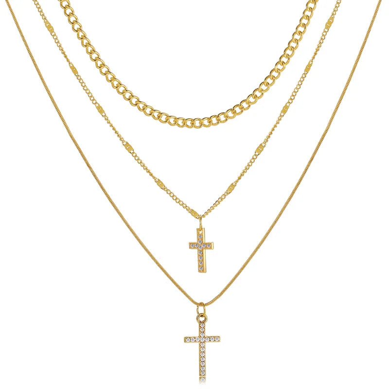 Cross Necklace Triple Chain Statement Necklace with Zircon Crystal Cross Pendant Jewelry Gifts for Women & Teen Girls.