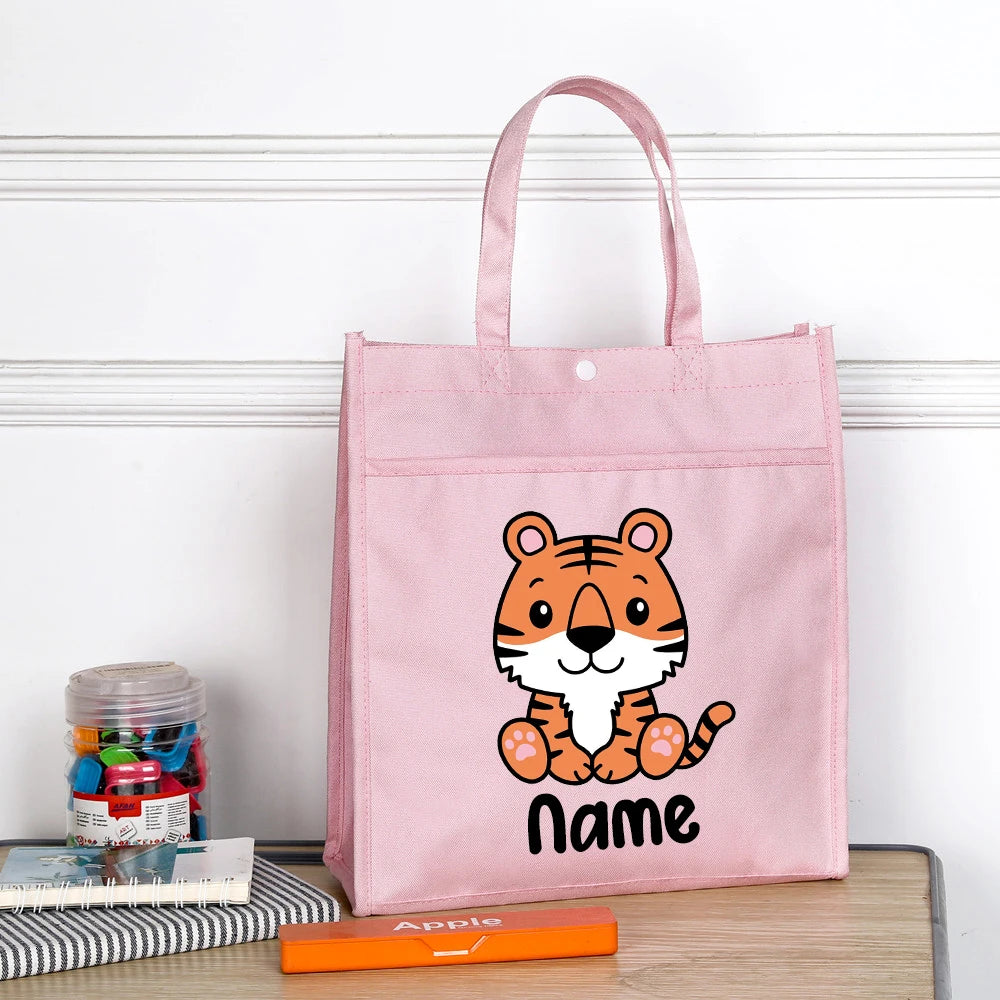 Personalized Kids Library Tote Bags Homeschool Cute Animal with Name Reading Books Bag.