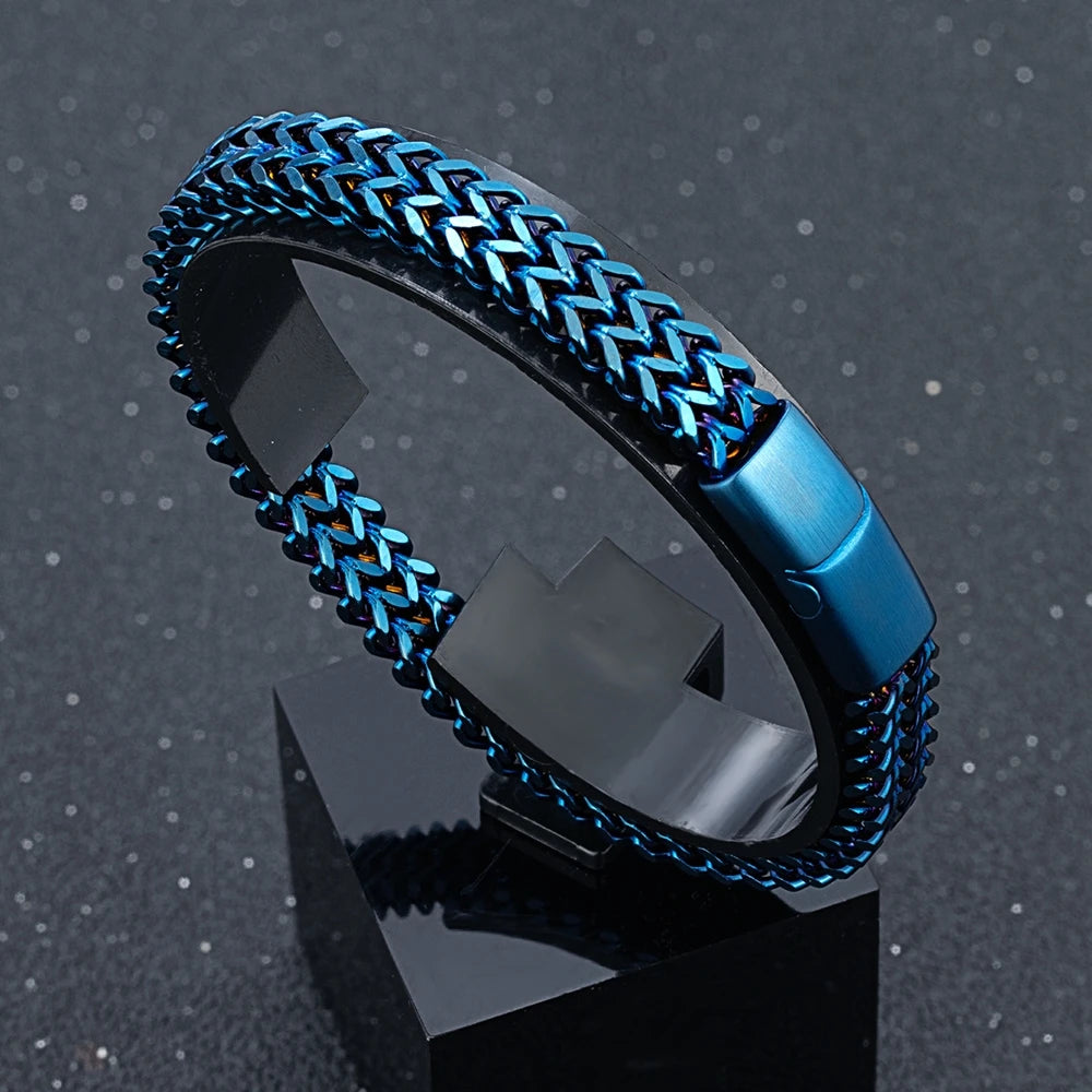 MKENDN 8MM Blue Stainless Steel Curb Chain Bracelet Men Women.