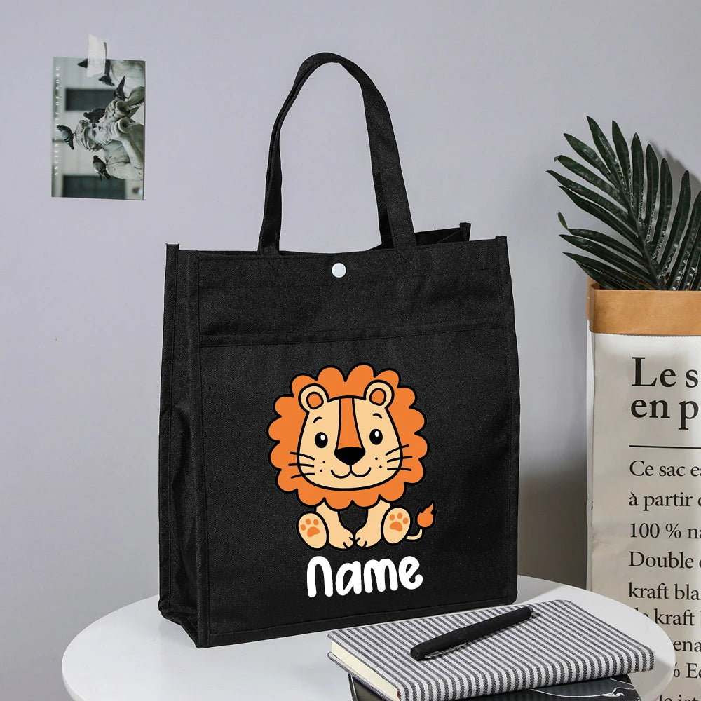 Personalized Kids Library Tote Bags Homeschool Cute Animal with Name Reading Books Bag.