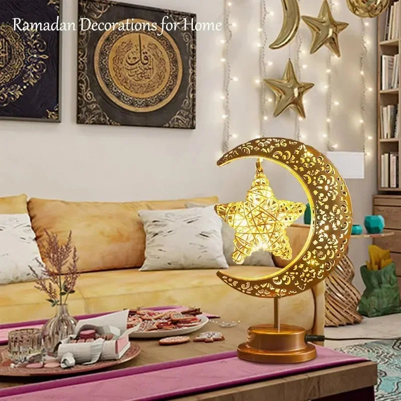 Rotating Ramadan LED Lamp Iron Crescent Moon and Stars Eid Mubarak Night Light for Middle Eastern Home Decor Tabletop Light