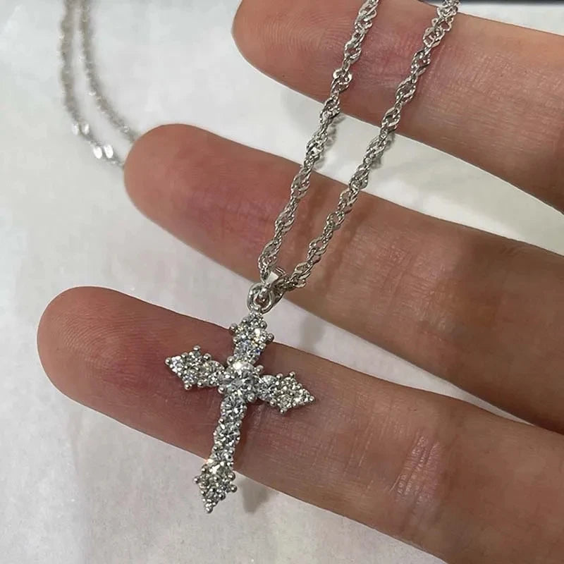 Shiny Crystal Zircon Cross Pendant Necklace for Women Girls Punk Silver Color Thin Chain Necklace