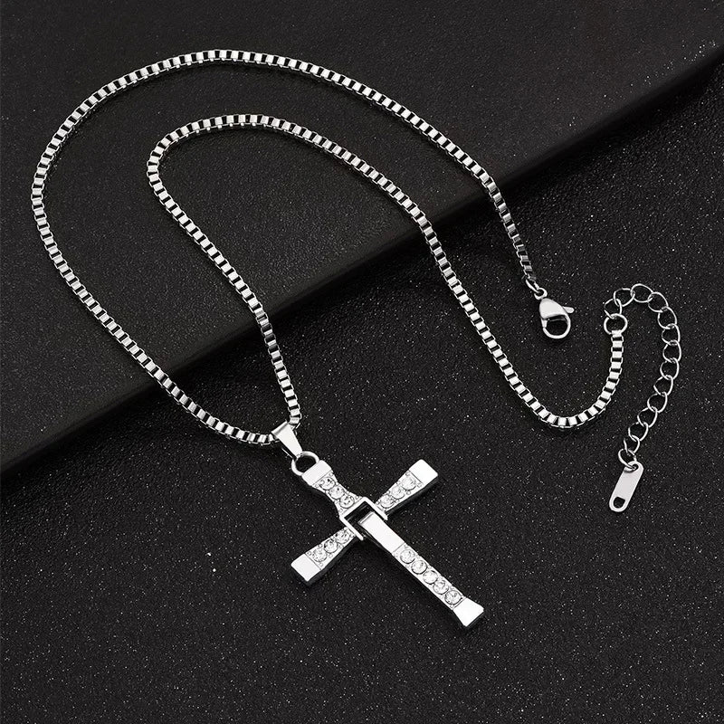 Religious Cross Necklace Iced Out Crystal Pendant Titanium Steel Cuban Chain Men's Trendy Jewelry