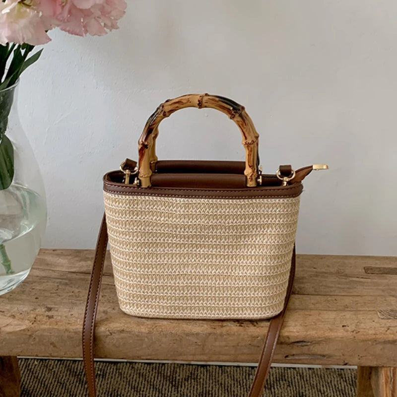 Simple Hand Knitted Women's Travel Handbags Fashion Wooden Handle Ladies Shoulder Bag.