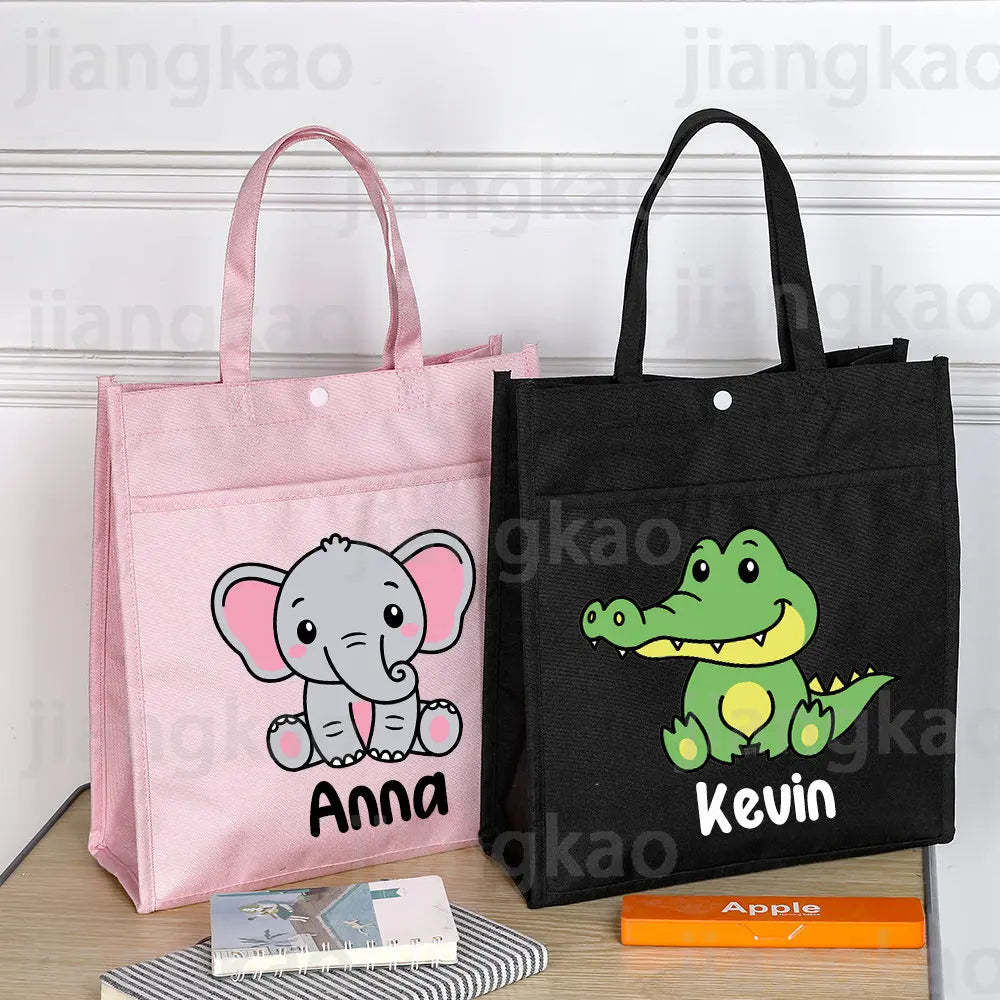 Personalized Kids Library Tote Bags Homeschool Cute Animal with Name Reading Books Bag.