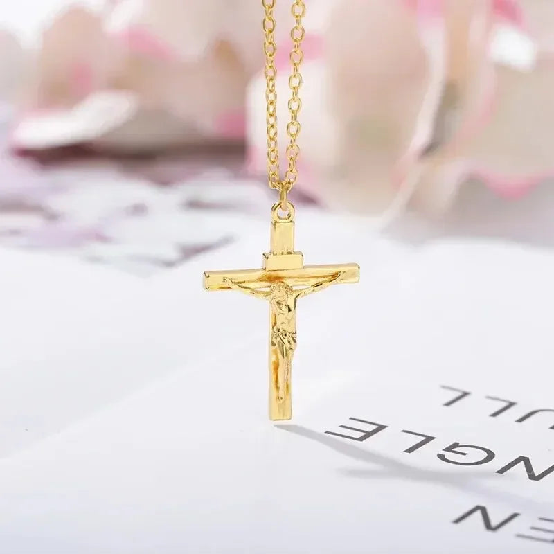 Metal Steel Cross Necklace Imitation Gold plated Religious Pendant Unisex Church Jewelry Gift Christian Jesus Cross Necklace
