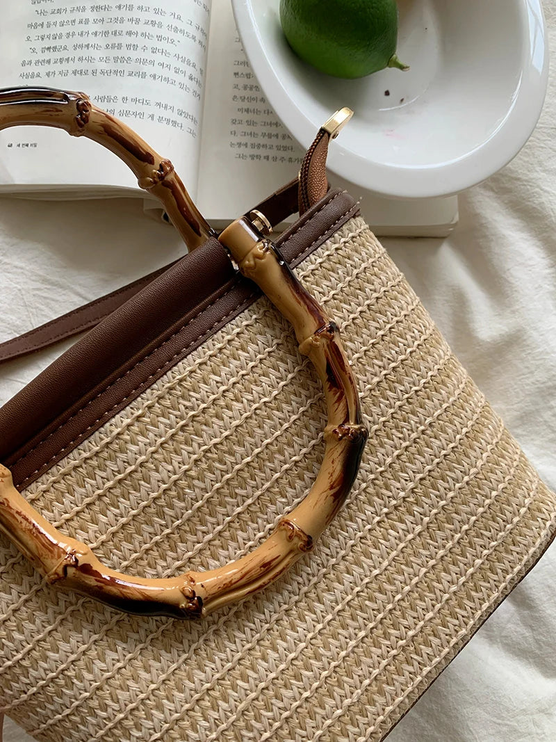 Simple Hand Knitted Women's Travel Handbags Fashion Wooden Handle Ladies Shoulder Bag.