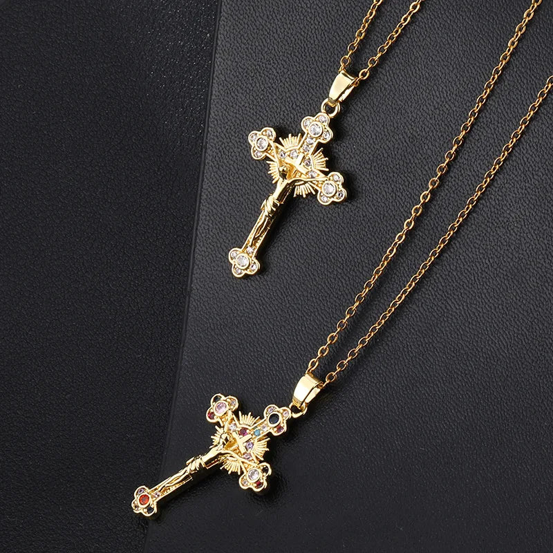 Jesus Cross Necklace for Women Men Retro Copper Zircon Colorful Cross Virgin Mary Pendants Jewelry