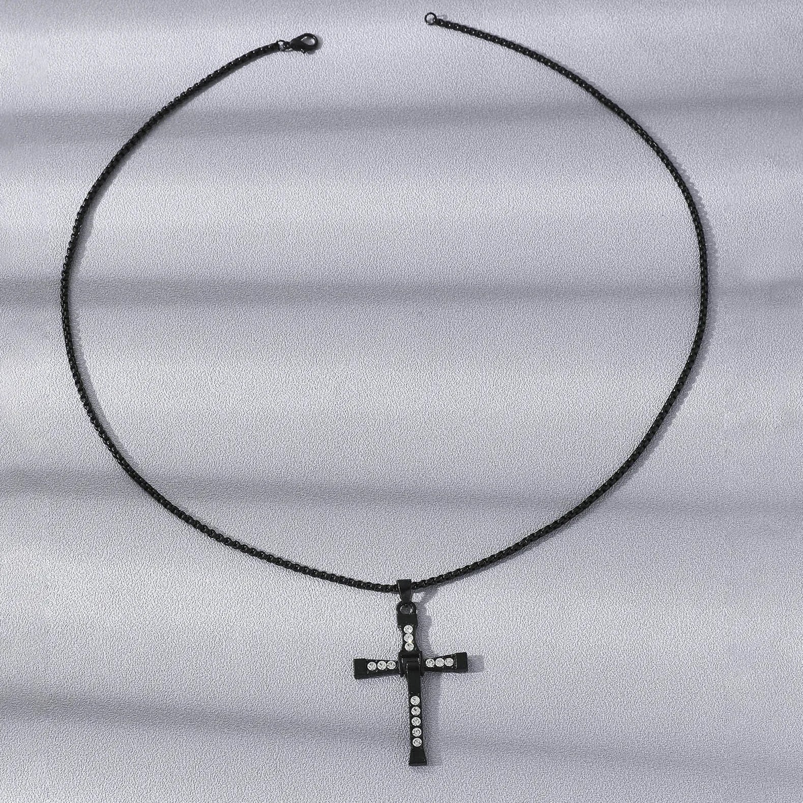 Religious Cross Necklace Iced Out Crystal Pendant Titanium Steel Cuban Chain Men's Trendy Jewelry