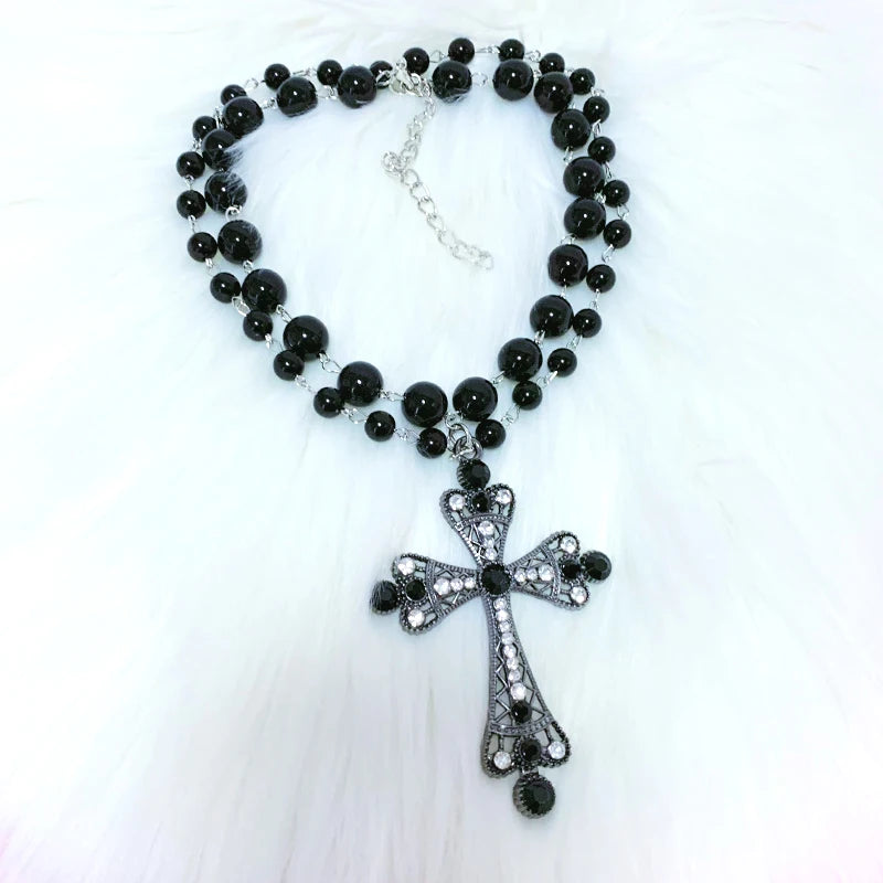Y2K Jewelry Black Beads Crystal Cross Pendant Necklace Women Goth Accessories.