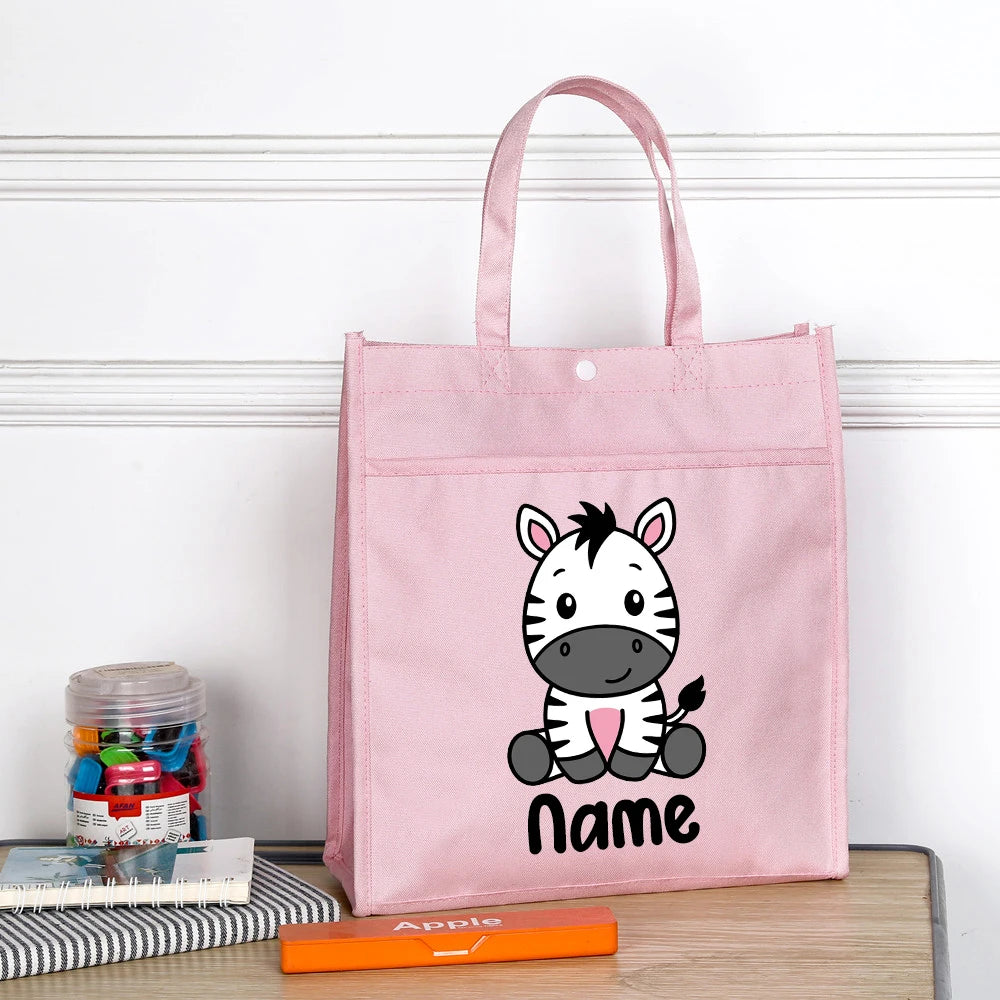 Personalized Kids Library Tote Bags Homeschool Cute Animal with Name Reading Books Bag.