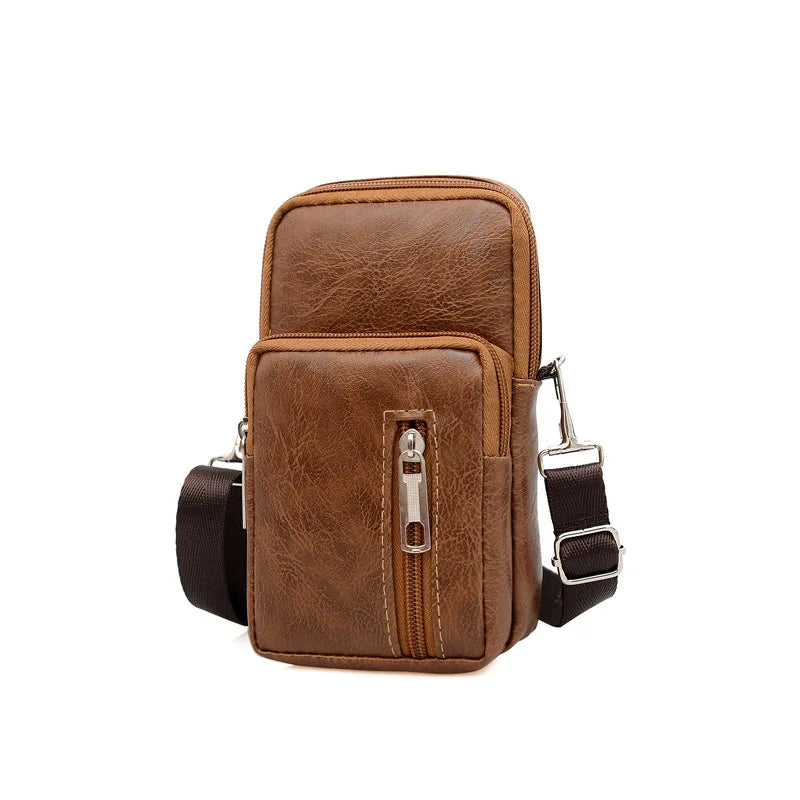 Men Leather Waist Bag Large Capacity Belt Bag Brown Shoulder Bags Crossbody Bags Multi-layer Buckle Mobile Phone Bag Bum Pouch