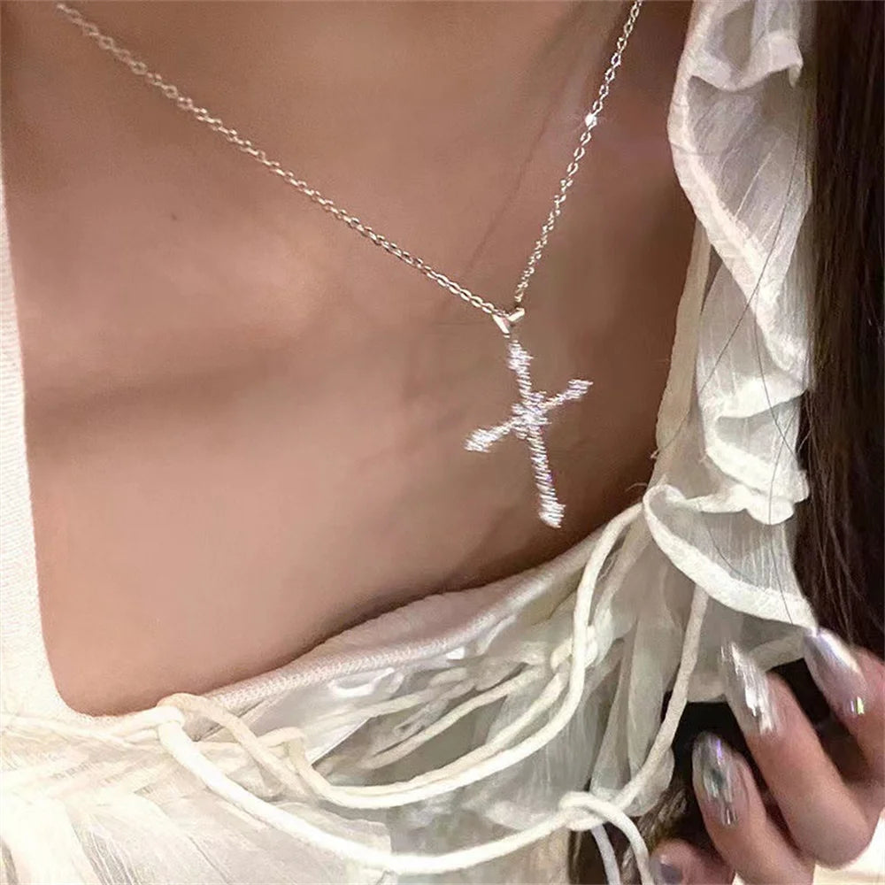 Elegant Crystal Cross Pendant Necklace Silver Color Star Ladies Fashion Jewelry