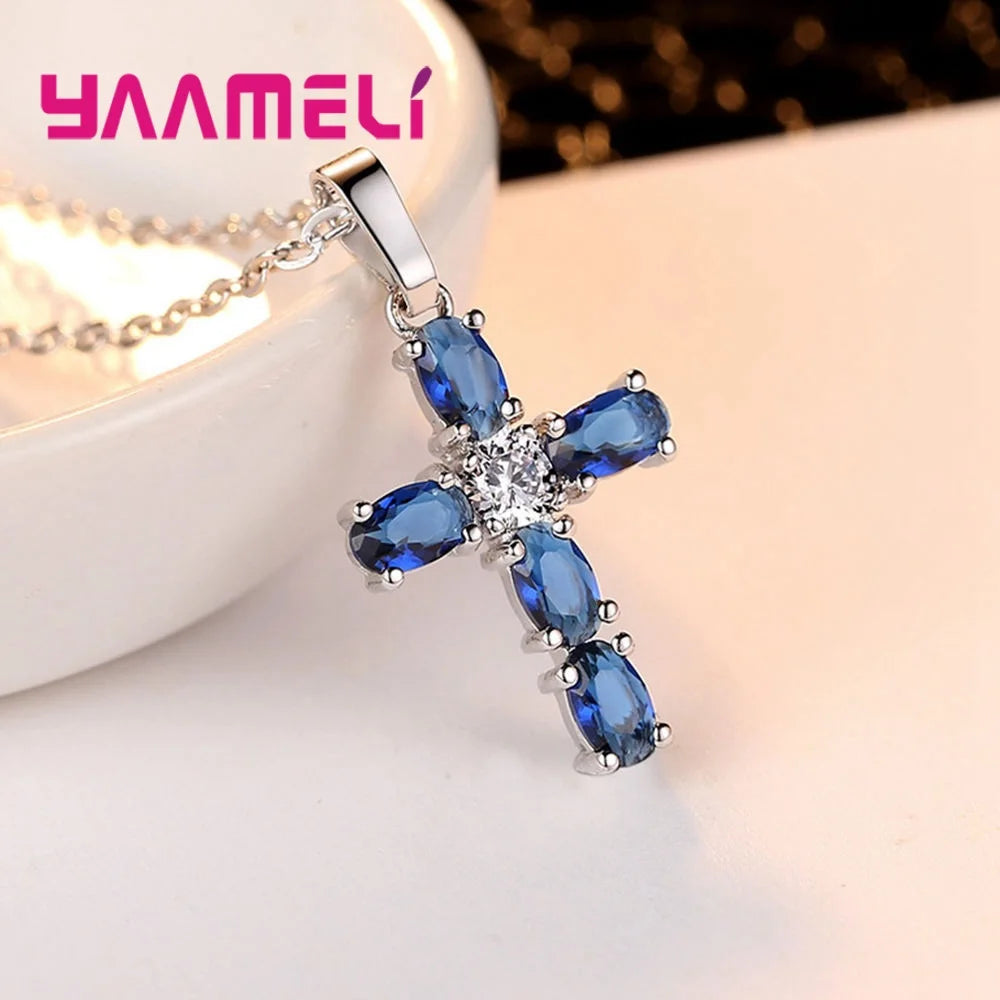 Christian Jesus 925 Sterling Silver Cross Necklace Shining AAA Blue Cubic Zircon Choker Pendants for Women Men Jewelry